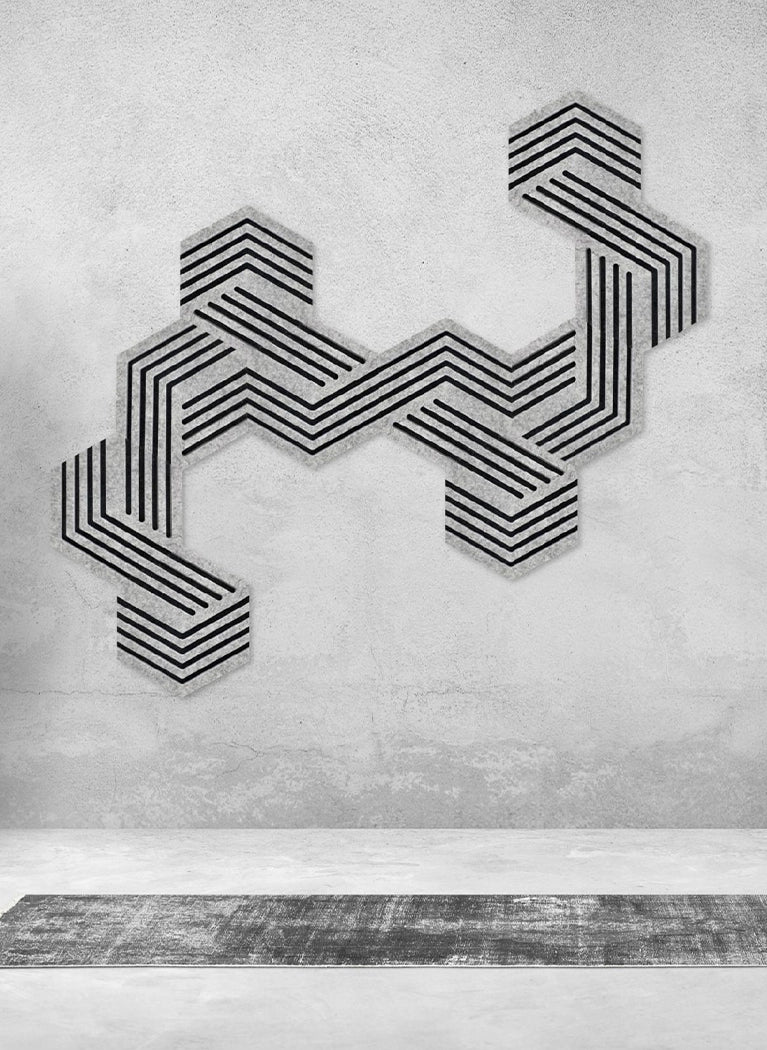 Decorative 3D Felt Wall Tiles DECO1 composition on grey wall Decormania UK